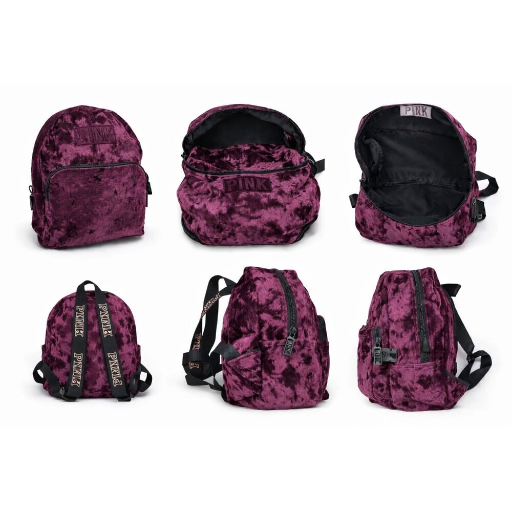 Victoria’s Secret PINK Burgundy Crushed Velvet Mini Backpack | Logo Straps | Zip - Picture 2 of 9